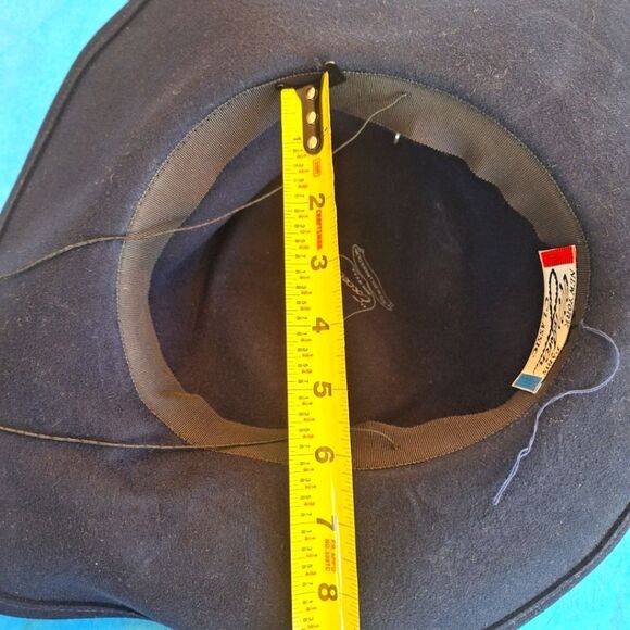 Vintage Mr. John Classic Wool Hat Wide Brim Satin Bow Navy Blue MCM Made in USA - Picture 11 of 13